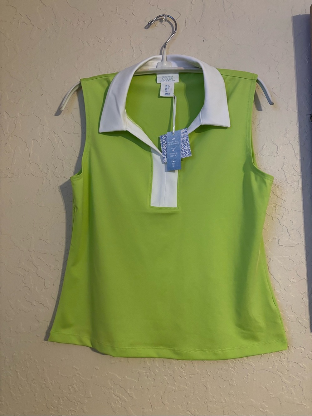 Sigrid Olsen Sleeveless Polo Tank - Lime Green with White Trim upf 50